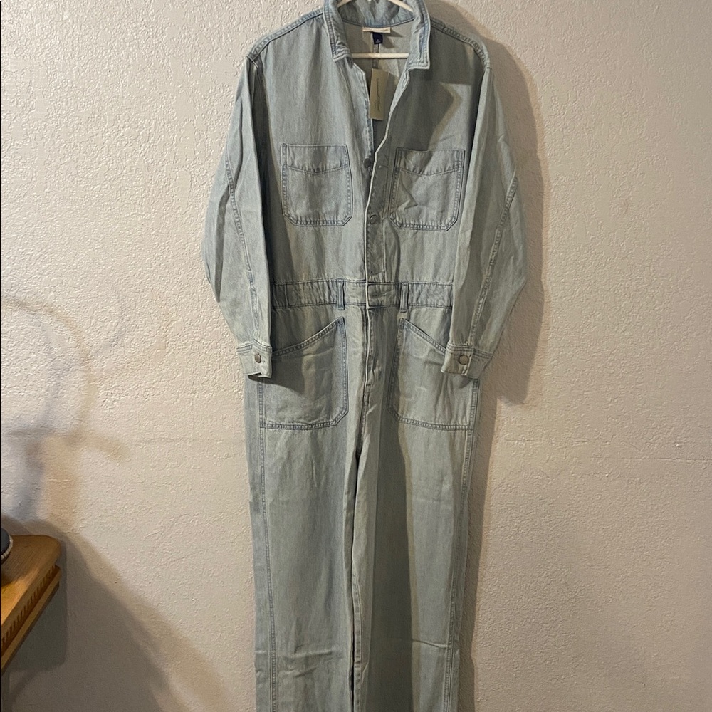 Light Blue Denim Button Zipper Front Jumpsuit  Long Sleeve Wide Leg Women’s 16